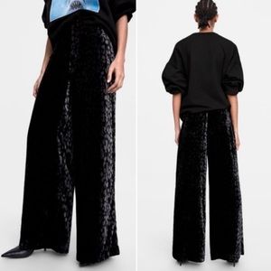 ZARA TRF Velvet Leopard Print Wide Leg Trousers
